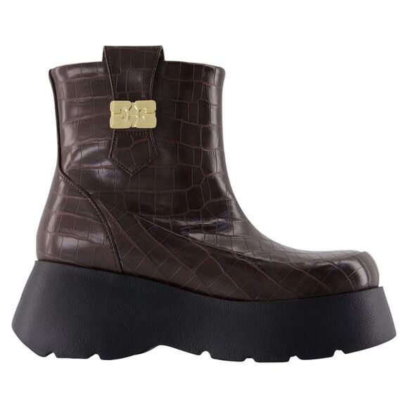 Kat Low Croco Ankle Boots - Ganni - Leather - Brown - Picture 1 of 2